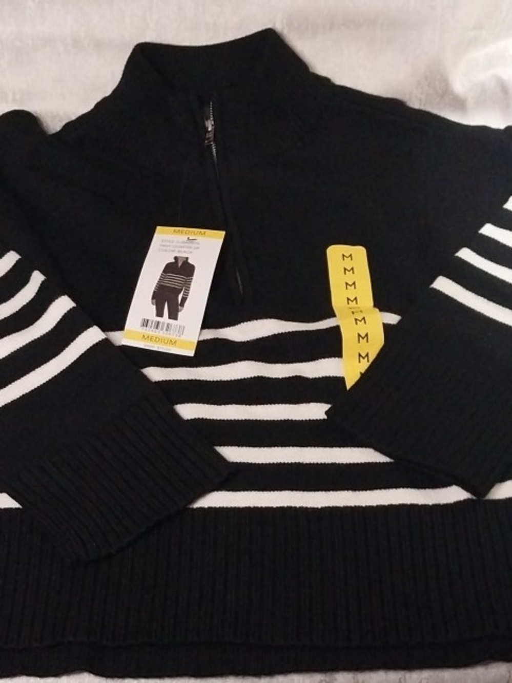 DKNY Black & White Striped QUARTER-Zip Sweater Womens M